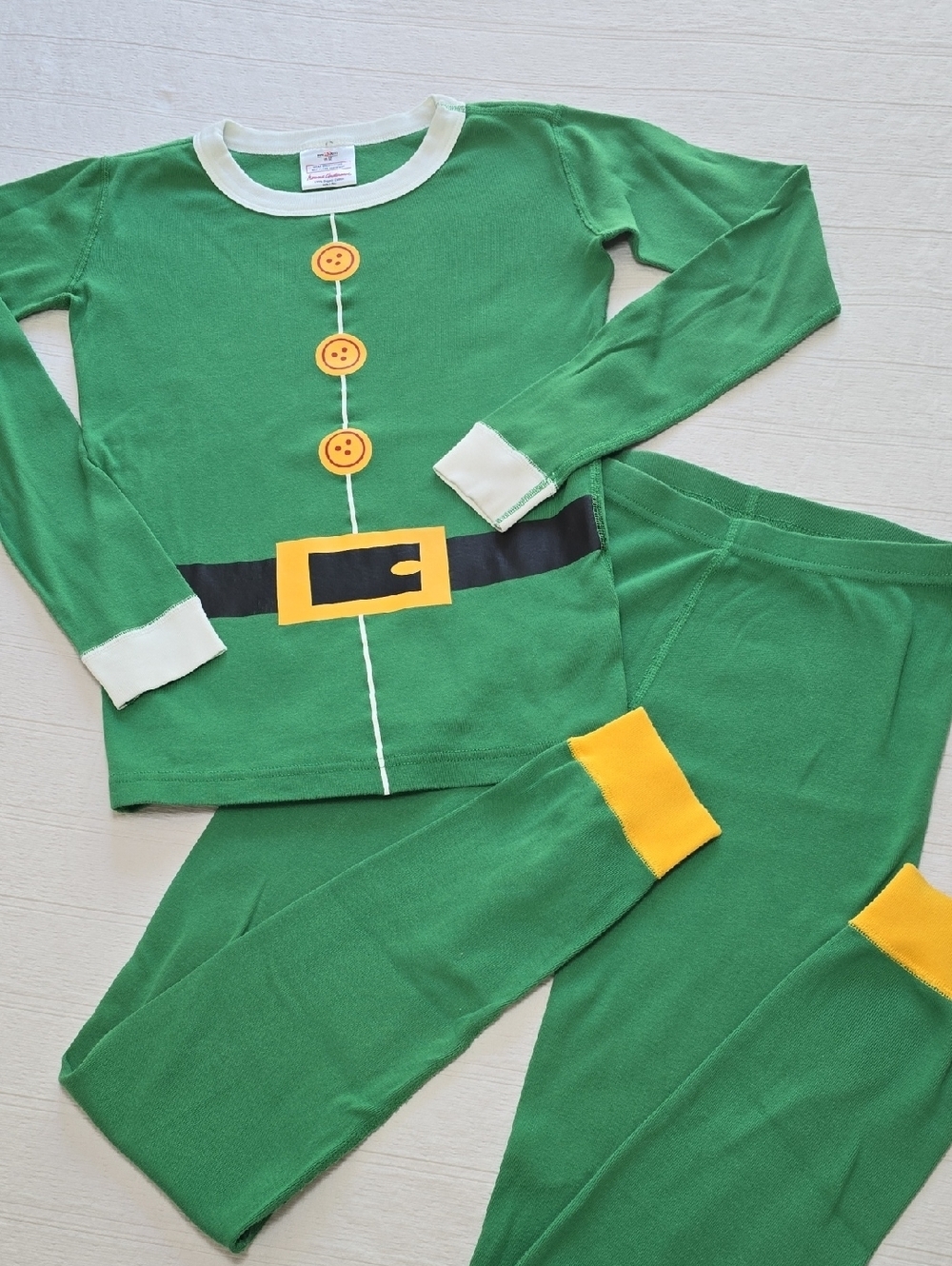 Kids Green Elf Pajama Set with Yellow Accents
